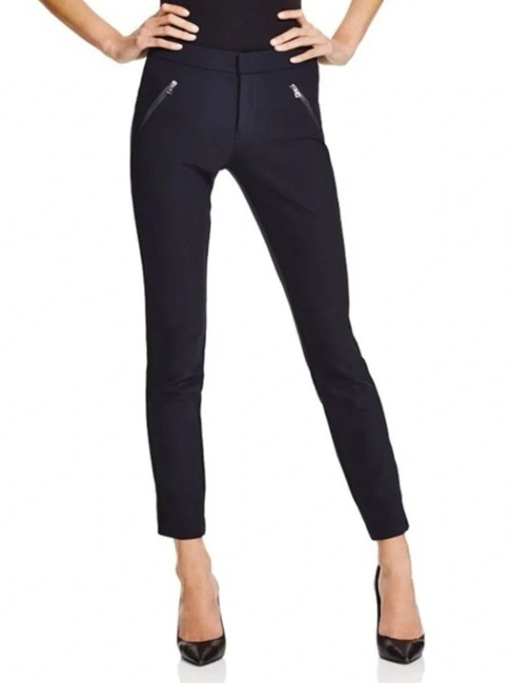 REBECCA TAYLOR Ava Tech Zip Detail Tuxedo‎ Stripe Slim Trouser Pant,2,Navy/Black